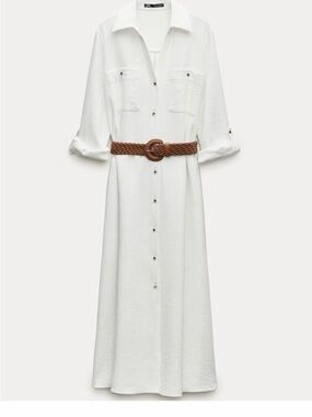 ✨NWT✨ ZARA White Midi Shirt Dress with Braided Brown Belt - XL